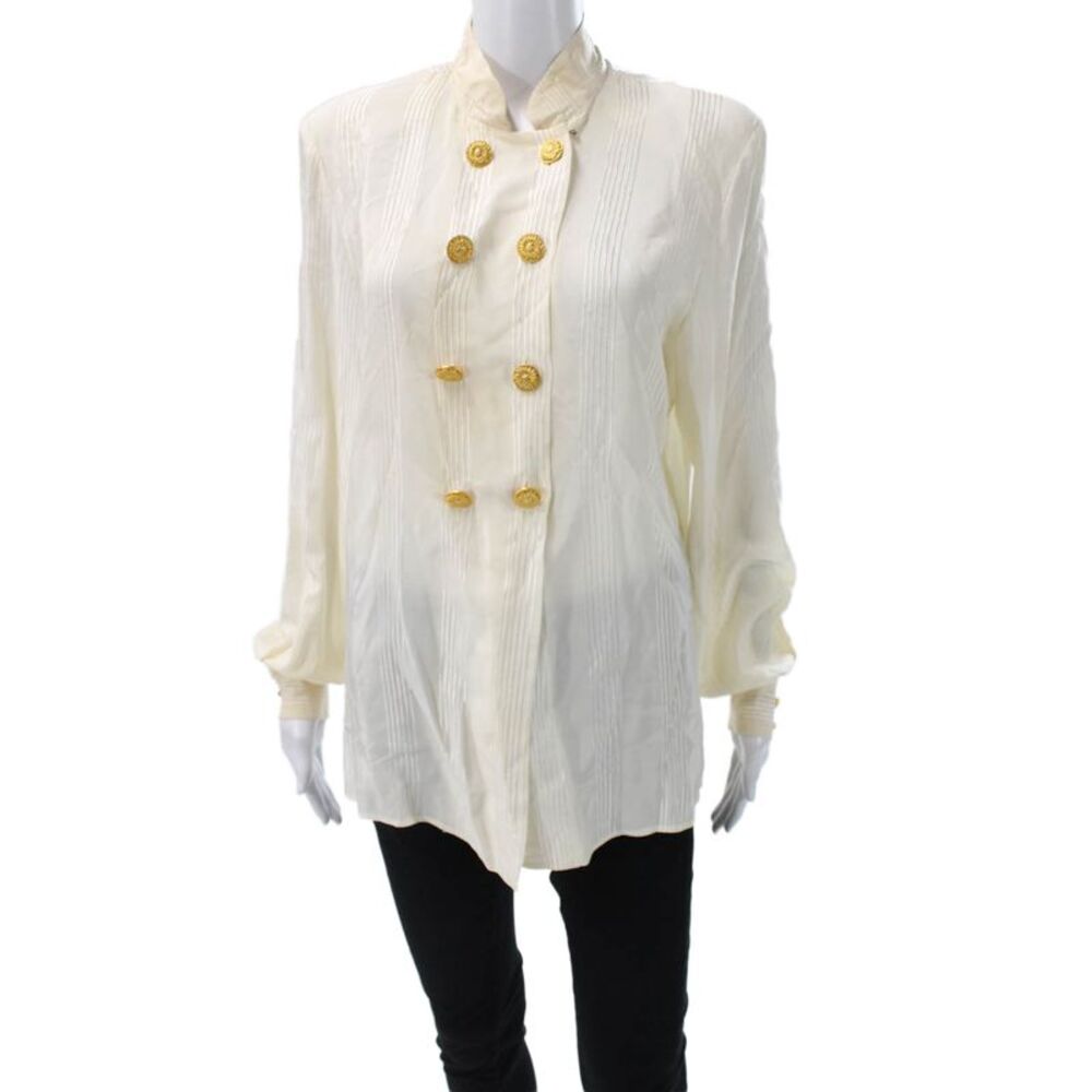 Gloria Sachs Womens Tunic Blouse Ivory Striped Long Sleeve Size S